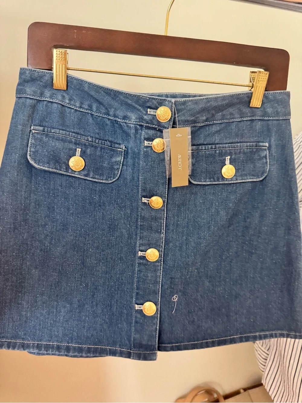 J. Crew Blue Denim Mini Skirt with Gold Buttons